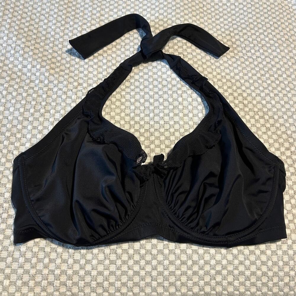 Pour Moi Black Underwire Halter Bikini Top 36F Ruffle Mesh Tie Neck Swimwear